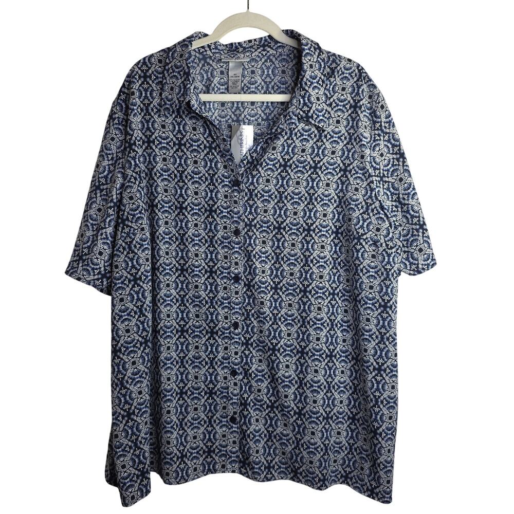 Catherine's 3X NWT geometric blue n White Buttondown shirts Work. Casual‎ Cruise